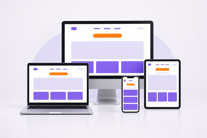 Modern responsive design illustration showing desktop, laptop, tablet and mobile layouts on clean background.