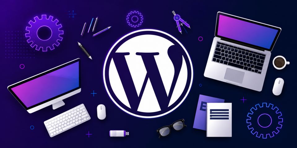 Modern WordPress workspace graphic with laptops, design tools, and neon purple tech-themed elements.