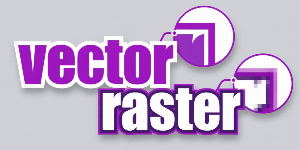 Modern vector vs raster graphic showing sharp scalable artwork beside pixelated image detail in purple tones.
