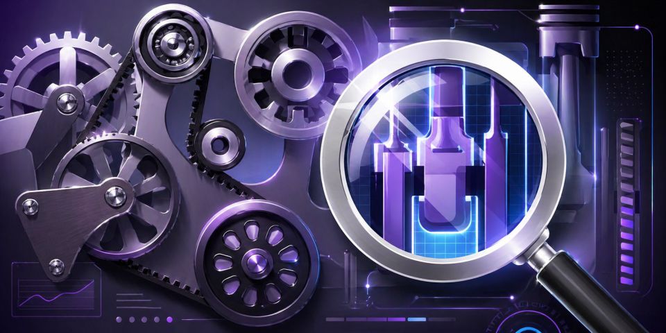 Futuristic illustration representing search engine optimisation with metallic gears, engine components, and a magnifying glass highlighting digital diagnostics in a purple high-tech interface.