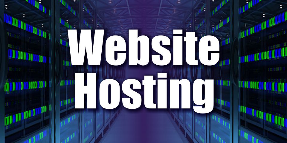 Text reading "Website Hosting" with a server room background