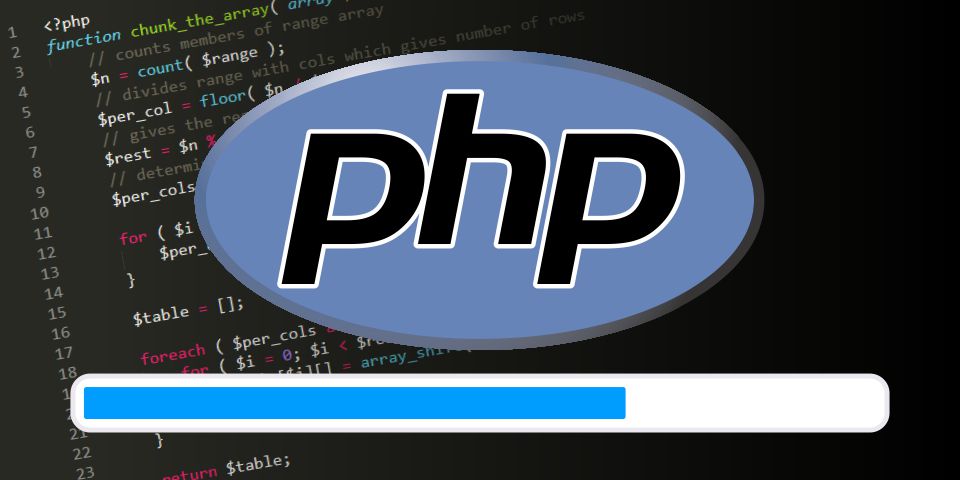 PHP logo over some PHP code and update progress bar