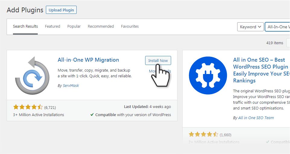 Install All-in-One WP Migration pluging in WordPress