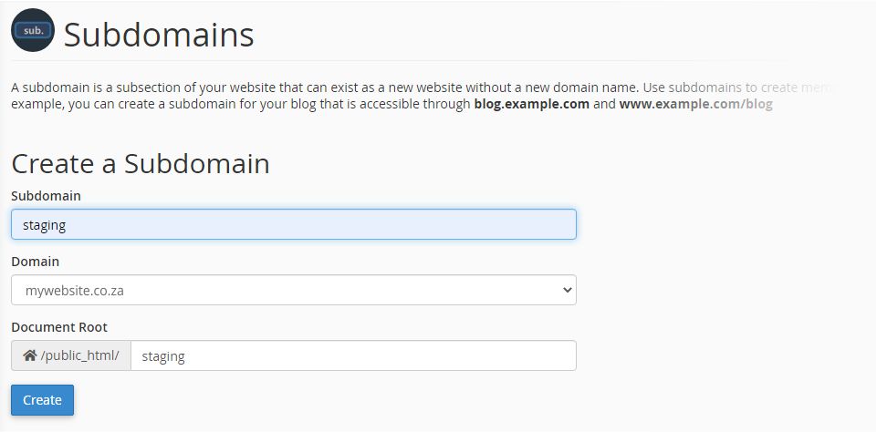 Subdomains screen in cPanel