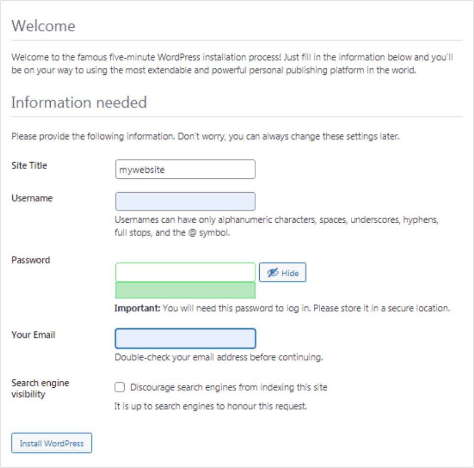Wordpress 5 Minute Install welcome screen