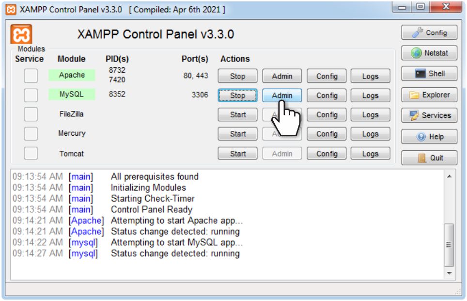 Start PHPMyAdmin in XAMPP dashboard