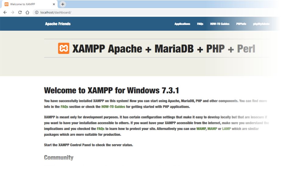 The XAMPP welcome screen