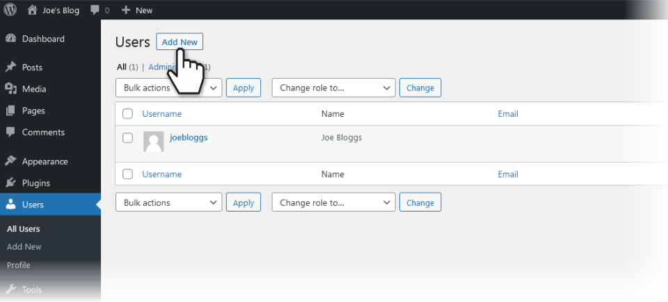 Add a new user from the WordPress dashboard.