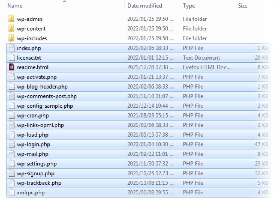 Contents of the WordPress update root folder.