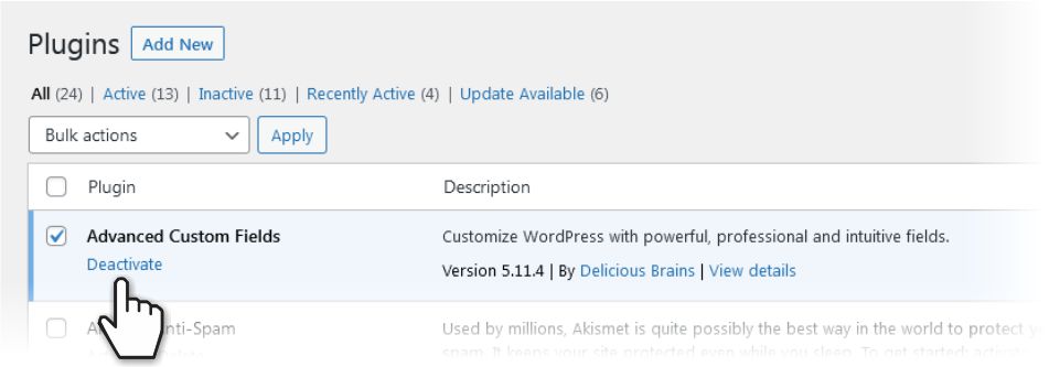 Deactivate plugins in wordPress