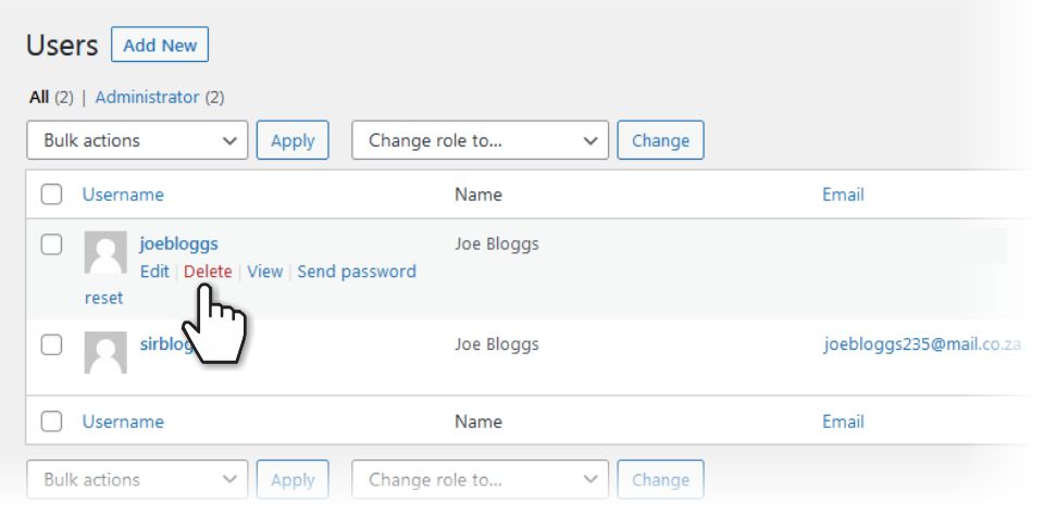 Deleting a user in WordPress