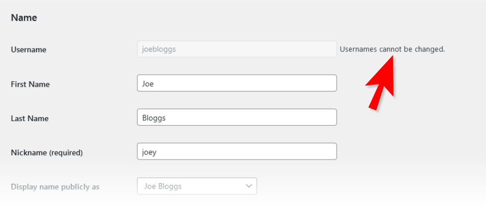 WordPress User Profile Screen with text "Usernames cannot be changed." 