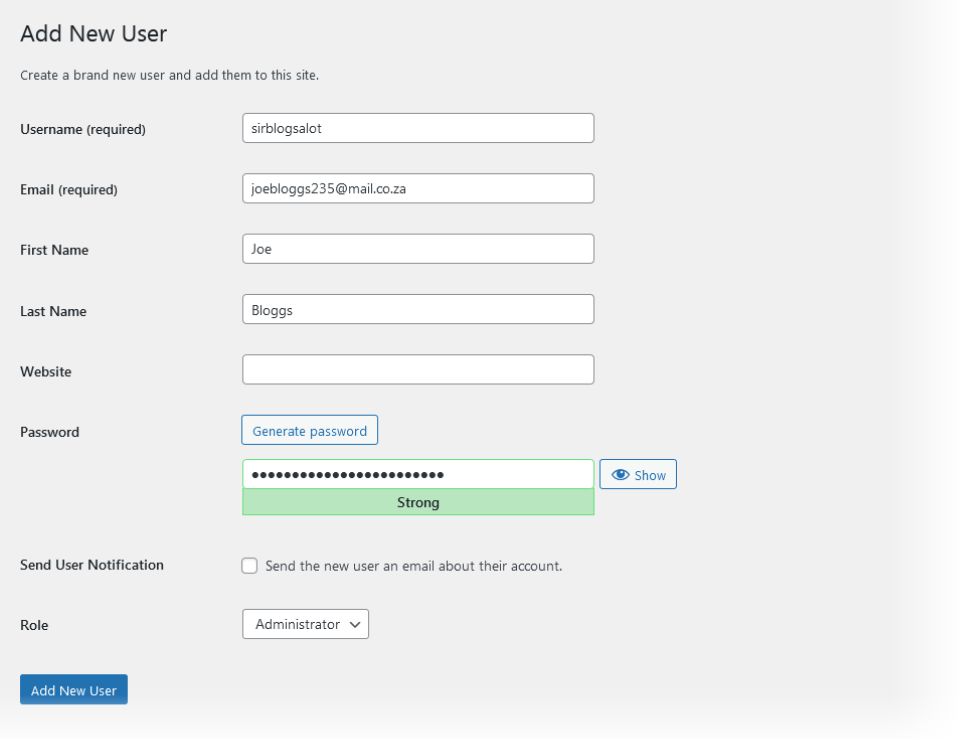 Entering Details for a New User in WordPress