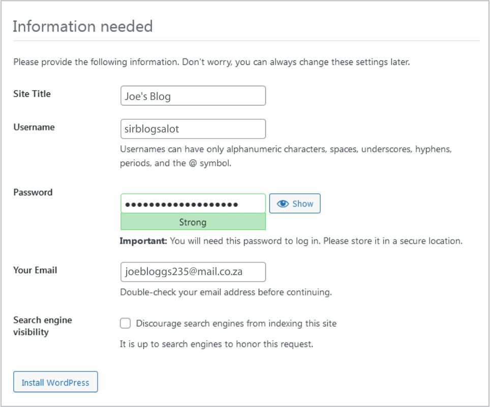 The WordPress 5 Minute Installation Screen