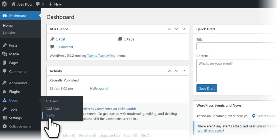 Accessing your user profile from the WordPress admin Dashboard.