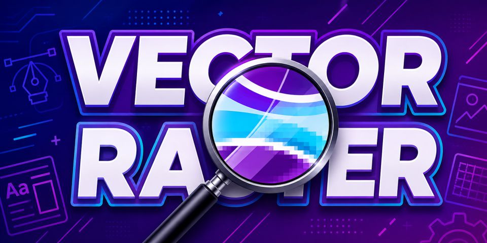 Modern vector vs raster graphic with magnifying glass showing smooth curves and pixelated image comparison.