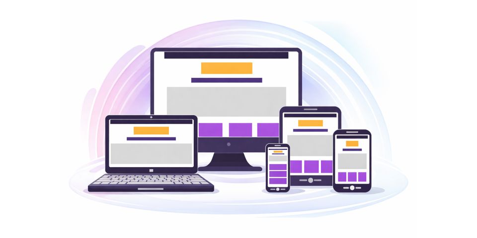 Modern illustration of responsive design showing a website seamlessly adapting across desktop, laptop, tablet, and mobile devices.
