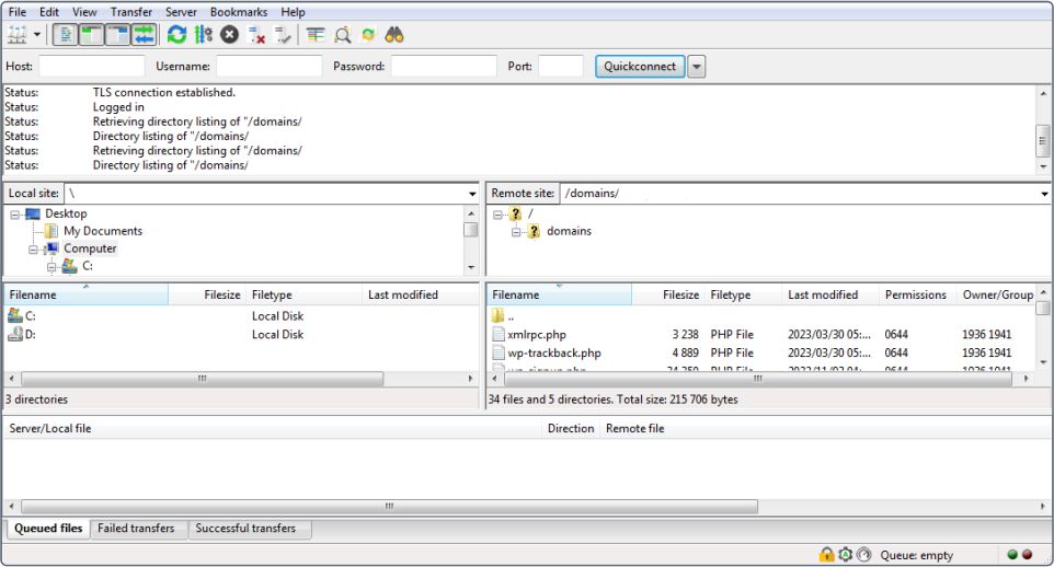 The FileZilla FTP Client user interface