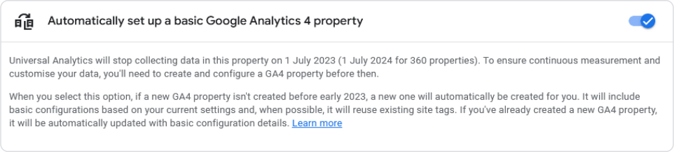 Using the GA4 property setup assistant to include basic configuration settings