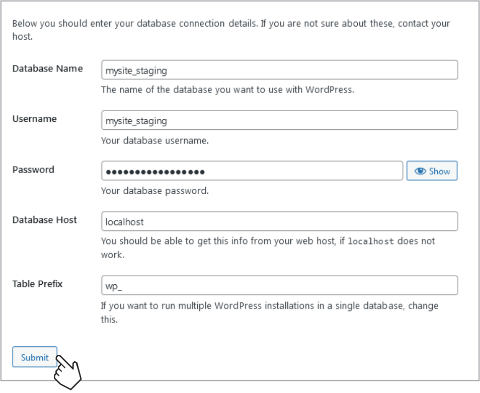 Entering database details for WordPress