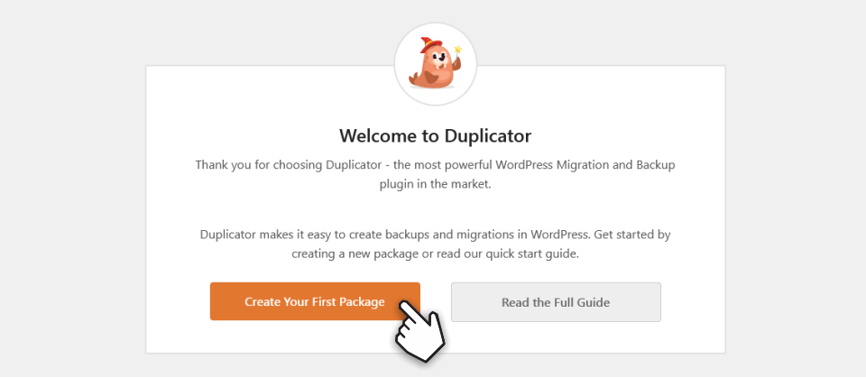The Duplicator welcome screen in WordPress