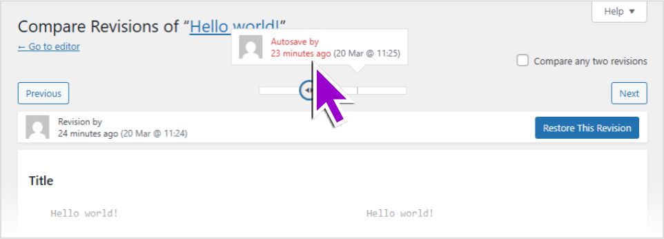 WordPress revisions screen showing an autosave