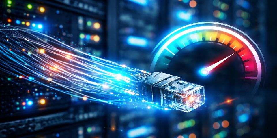 Conceptual image of website bandwidth with fiber optic data streams and a speed gauge representing high-speed performance.