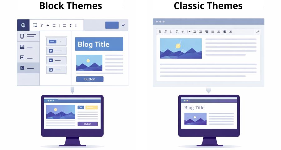WordPress block themes vs classic themes diagram showing full site editing capabilities compared to classic customisation options.
