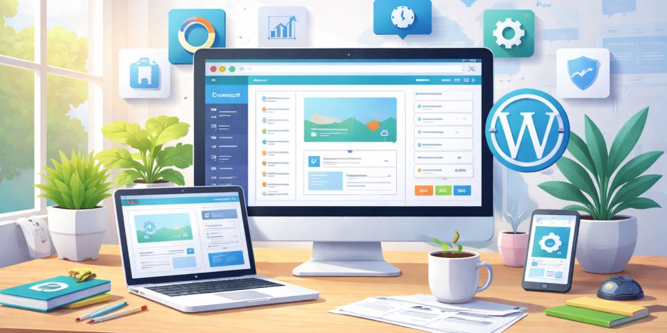 Content Management System (CMS) dashboard on desktop and mobile, showing tools for website creation and management.