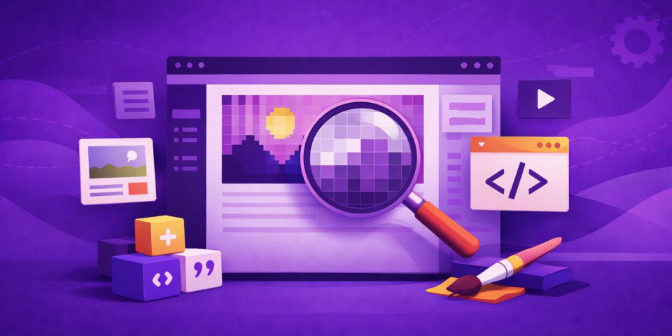 Stylised depiction of a raster image where zooming in exposes individual pixels on a colorful digital interface.