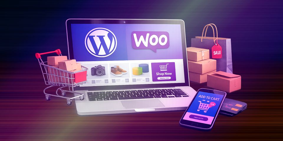 Laptop showing WordPress and WooCommerce store, with shopping cart, boxes, and phone illustrating modern e-commerce setup
