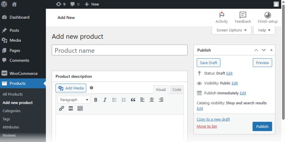 WordPress dashboard screen showing how to add WooCommerce product details, description, pricing and publish settings