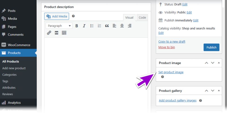 WordPress WooCommerce dashboard showing how to add WooCommerce product image and configure gallery settings
