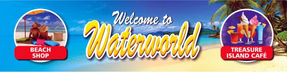 The Waterworld sign on entering the park.