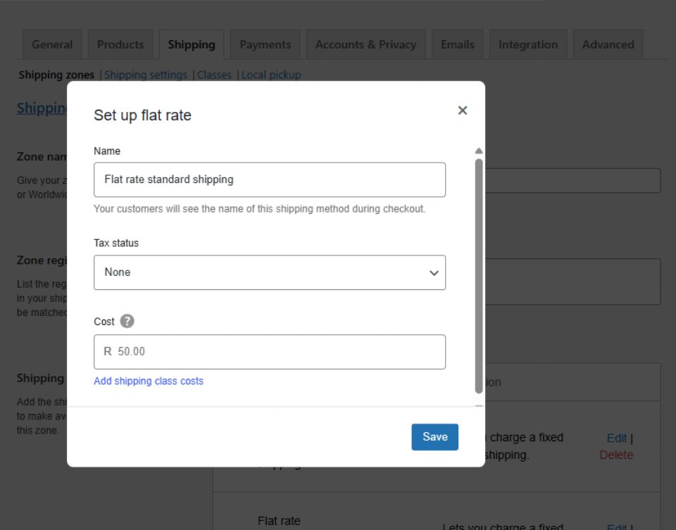 WooCommerce flat rate shipping setup screen showing shipping name, tax status, and fixed delivery cost settings