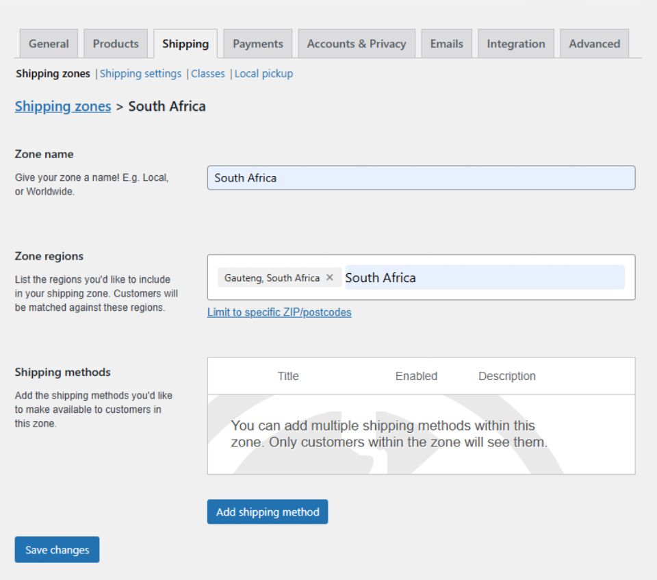 WooCommerce shipping methods setup for South Africa zone with region selection and add shipping method