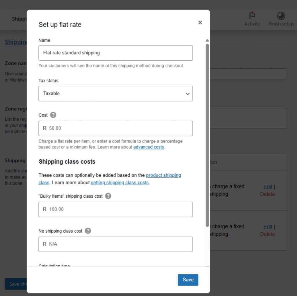 WooCommerce shipping class costs settings showing flat rate setup, tax status, and bulky item charges in checkout