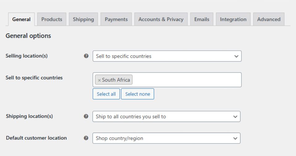 WooCommerce general settings page showing South Africa selling location and shipping configuration options