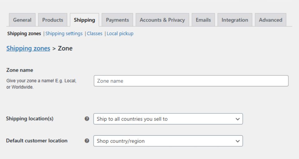 WooCommerce shipping zones settings page with zone name, shipping locations, and customer location