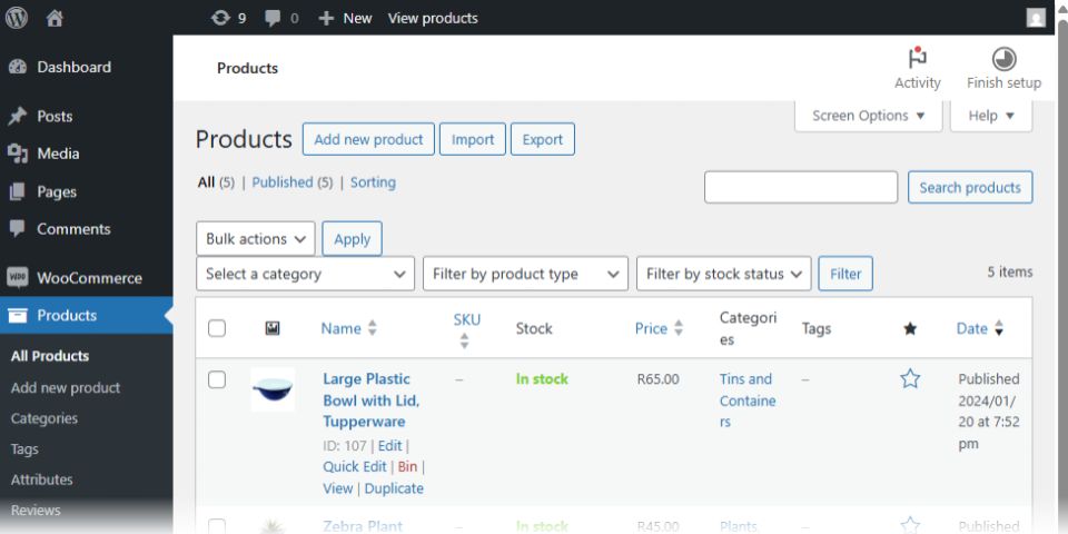 WooCommerce products dashboard displaying product listings, stock status, pricing, categories, and filters.