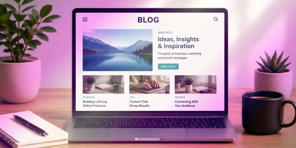 Is a blog still a relevant marketing tool? Modern laptop displaying a blog on a clean, minimalist workspace.